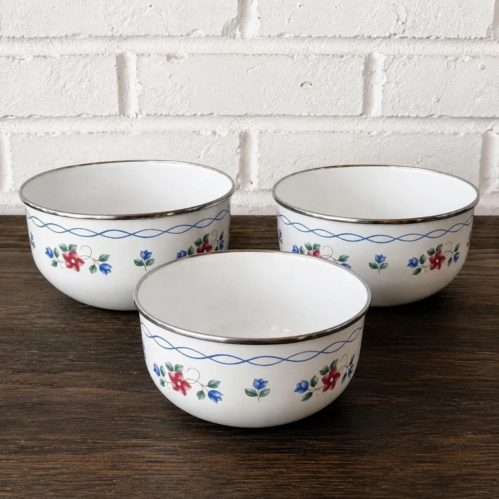 Vintage Enamel Nesting Bowls Set of 3 | Blue Floral Swag | Farmhouse Cottagecore